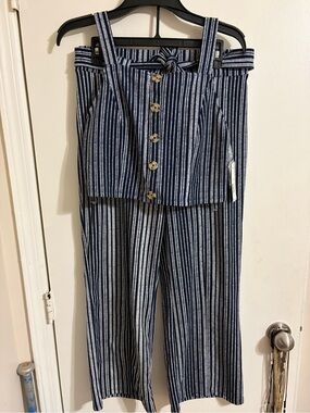 No Boundaries Navy and White Striped cropped top and pant set